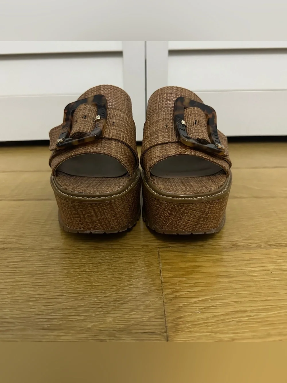 Sam Edelman Dark Natural Raffia Platform Wedge Espadrille Slide Sandals SZ 9.5